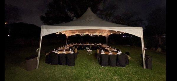 One of the many events I've rented with him. This is a high pitch tent with lighting. Tables and chairs