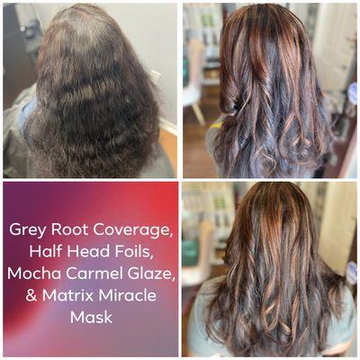 Grey root coverage, half head foils, mocha caramel glaze, & matrix miracle mask