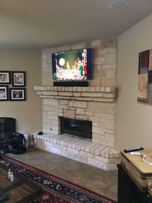 Custom Stone Fireplace TV and Sound bar Installation New Braunsfels Texas by Signal Audio Visual