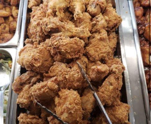 Fried chicken, plantains, steamed veg