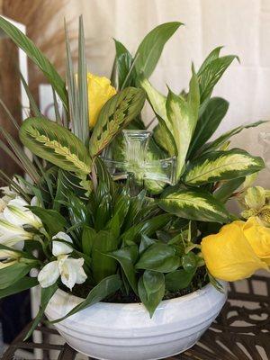 GORGEOUS DISH GARDEN. SEE THE CRYSTAL CROSS?