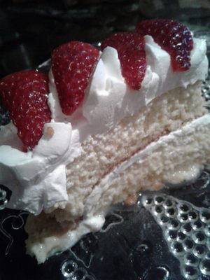 Tres leché cake to which I added Plant City strawberries