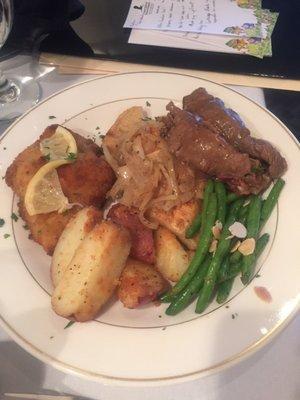 Lemon Chicken, Roast Beef, Pierogies, red skinned potatoes, and green beans