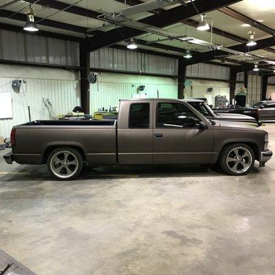 We were able to be a part of wrapping this 90s Chevy extended cab. It is wrapped in 3M satin copper.