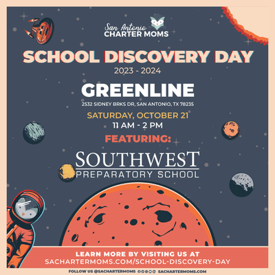 Join us at San Antonio Charter Moms' School Discovery Day at The Greenline on Saturday, October 21 from 11AM - 2PM.