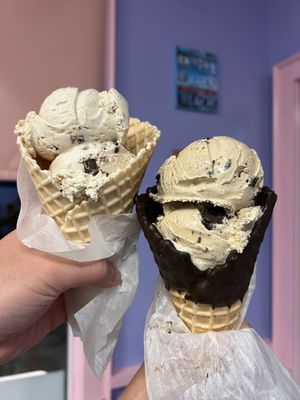 Coffee cookies and cream in a waffle cone and the Kahlua brownie in a chocolate dipped waffle cone