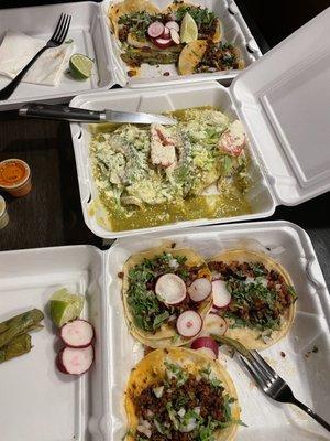 Enchiladas verde con pollo and Tacos de chorizo and Al Pastor Tacos