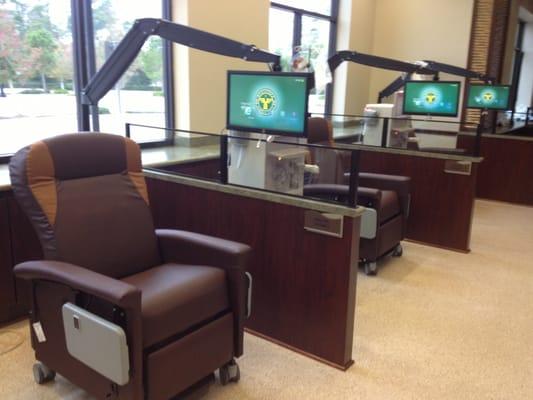 Heated and massage dialysis chairs. Every recliner is equipped with a flat screen TV