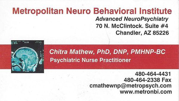 Metropolitan Neuro Behavioral Institute (specific provider is nurse practitioner Chitra Mathew) address and contact information.