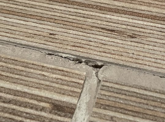 Grout is crumbling away in numerous places.