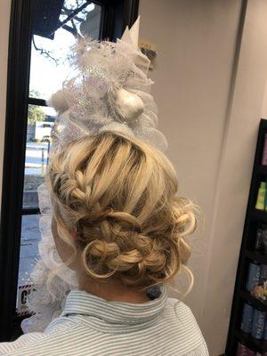 Fun updo from owner, Shannon Allen. Client is wearing Halo Couture original 16" halo in color B60