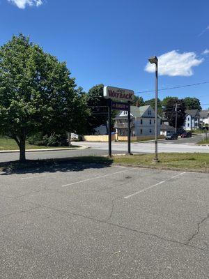 Restaurant's road sign viewed from the parking lot.