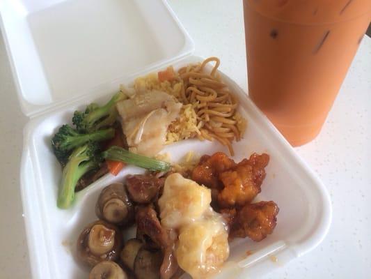 My lunch for $5.23, including the Thai tea. A little bit of everything Cus I like variety!