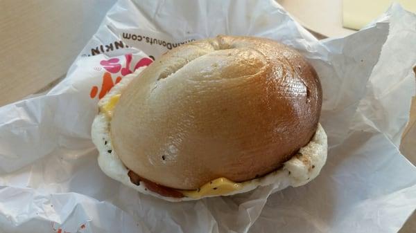 Bacon, egg and cheese on a toasted plain bagel