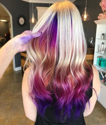 This fun color pop hair painting is done by our devoted stylist Ashley (I mean look at those hands!)