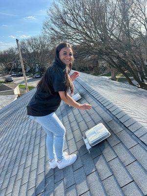 Inspecting a roof for storm damage. Our girls are the best!