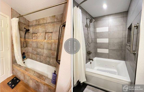 Gray and white guest bath remodel. More projects here: 
https://phxhomeremodeling.com/bathroom-remodel-ahwatukee