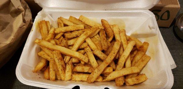 Pepperoni pizza and old bay fries! Delicious!