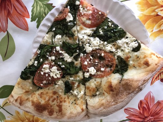 My favorite pie--the Spinach, Tomato, and Feta (with oregano). This is one slice!