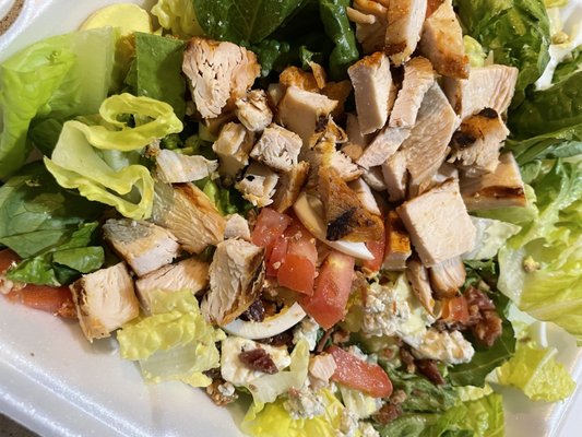 Grilled chicken Cobb salad special. Lots of blue cheese, avocado, bacon, tomato and hard boiled egg. Lettuce was crisp. Great salad.