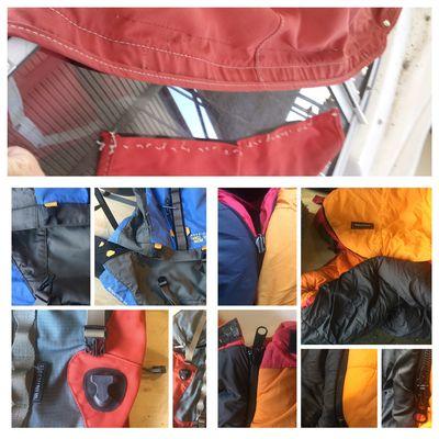 Backpack zipper repair, sleeping back patched and stitching and boat cover repaired