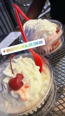 Brownie and strawberry shortcake sundaes