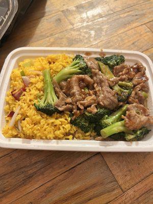 Beef and broccoli combo with pork fried rice