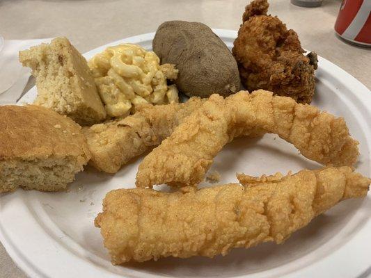 Fish, cornbread, Mac and cheese, potato, and a chicken wing