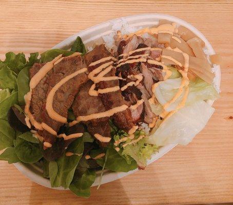 Half and half bowl with duck and brisket