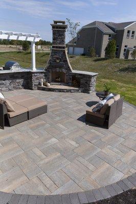 Boardwalk pavers, StoneAge fireplace with stone veneer.