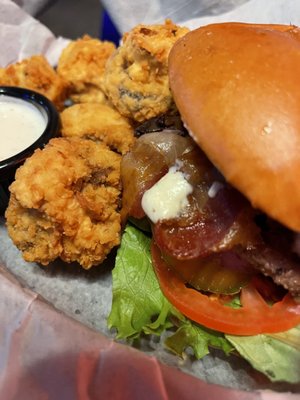 Blue shroom burger with fried mushrooms