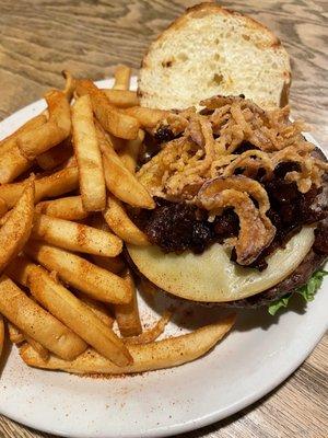 Pub burger.  Crispy onion, bacon jam and gouda.