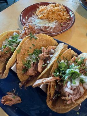 Carnitas Tacos + beans and rice