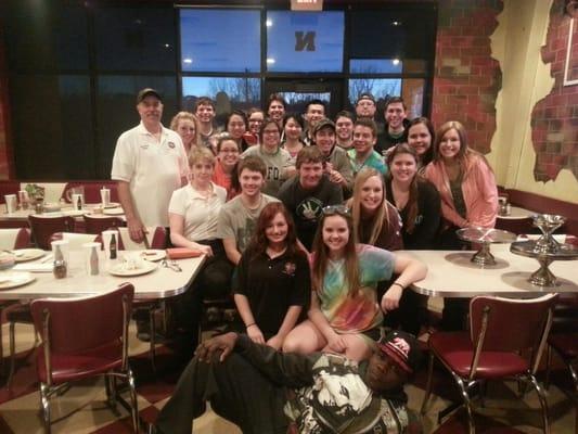 College group from North Dakota enjoyed the atmosphere at Sam & Louie's Pizza.