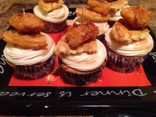 Chicken and Waffle Cupcakes Maple Cupcake with Maple Icing topped with Chicken & Waffle