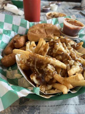 Brisket sandwich, poutine and mozzarella sticks