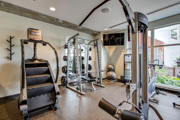 24 Hour Fitness Center.  Featuring a stairmaster, multiple cardio machines, assisted/unassisted squat rack, cable machines, and free weights