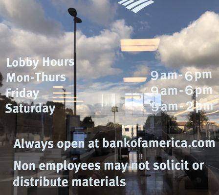 Bank hours Mon-Fri 9-6 Saturday 9-2