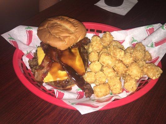 Bacon bourbon burger with tots