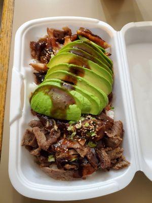 Chicken and Beef bowl added avocado.