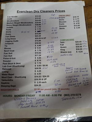 Price list of EverClean Dry cleaners and competitors prices written next to EverCleans big difference.