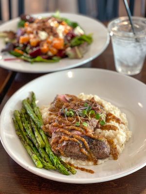 Pork Tenderloin with sweet mustard sauce, Risotto, and Asparagus