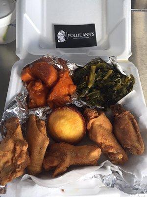 Most popular combination on the food truck! Fried chicken, collard greens, candies yams and buttermilk cornbread with real corn...