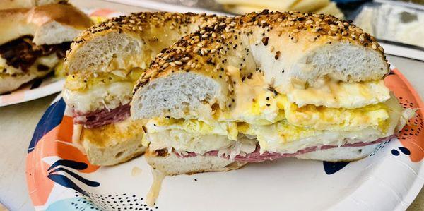 Breakfast reuben on an everything bagel