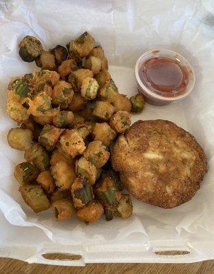 Perfectly fried & seasoned okra & crabcake. Plus the cocktail sauce rounds it all up.