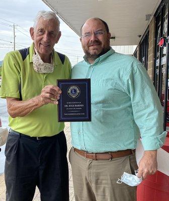 Dr. Barnes was recently recognized by the Lion's Club. We love partnering with this organization!