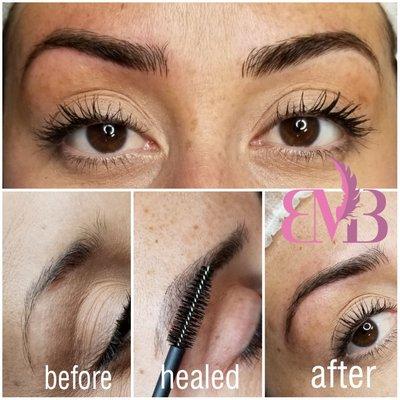 Before, after, and healed brows after microblading