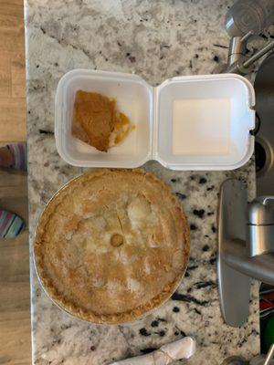 A almost slice of peach cobbler and a whole Apple pie. $2217