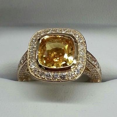 Natural Color Yellow Sapphire Micro Pave Diamonds Setting Ring in Yellow Gold.