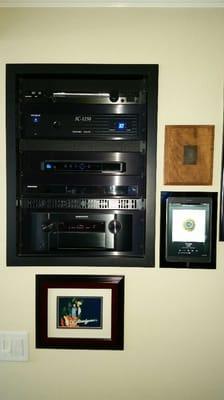 Flush mount equipment rack with Samsung Galaxy Note Tablet control of Home Theater, Sonos music system, Jandy Pool control and lighting.